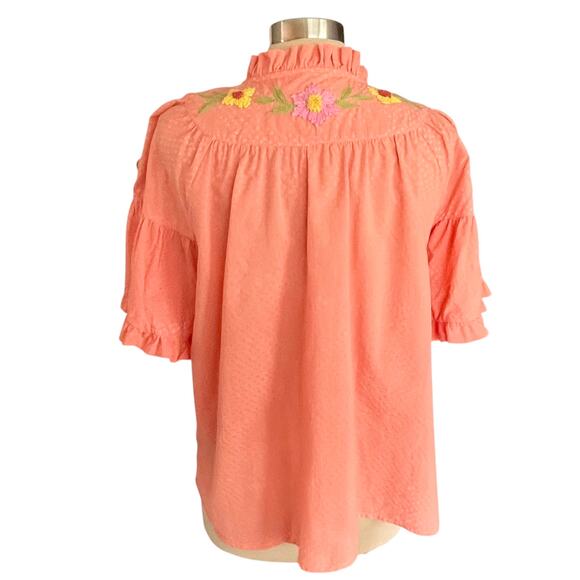 Ivy Jane Button Down Boho Top MED Floral Embroidered Ruffled Bell Sleeve Cottage - Picture 2 of 10
